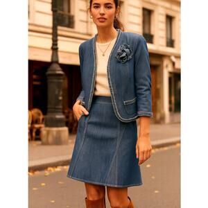 Neiman Marcus 10 Lida Baday $1200 Denim Skirt Set Linen Blazer Jean Skirt Blue